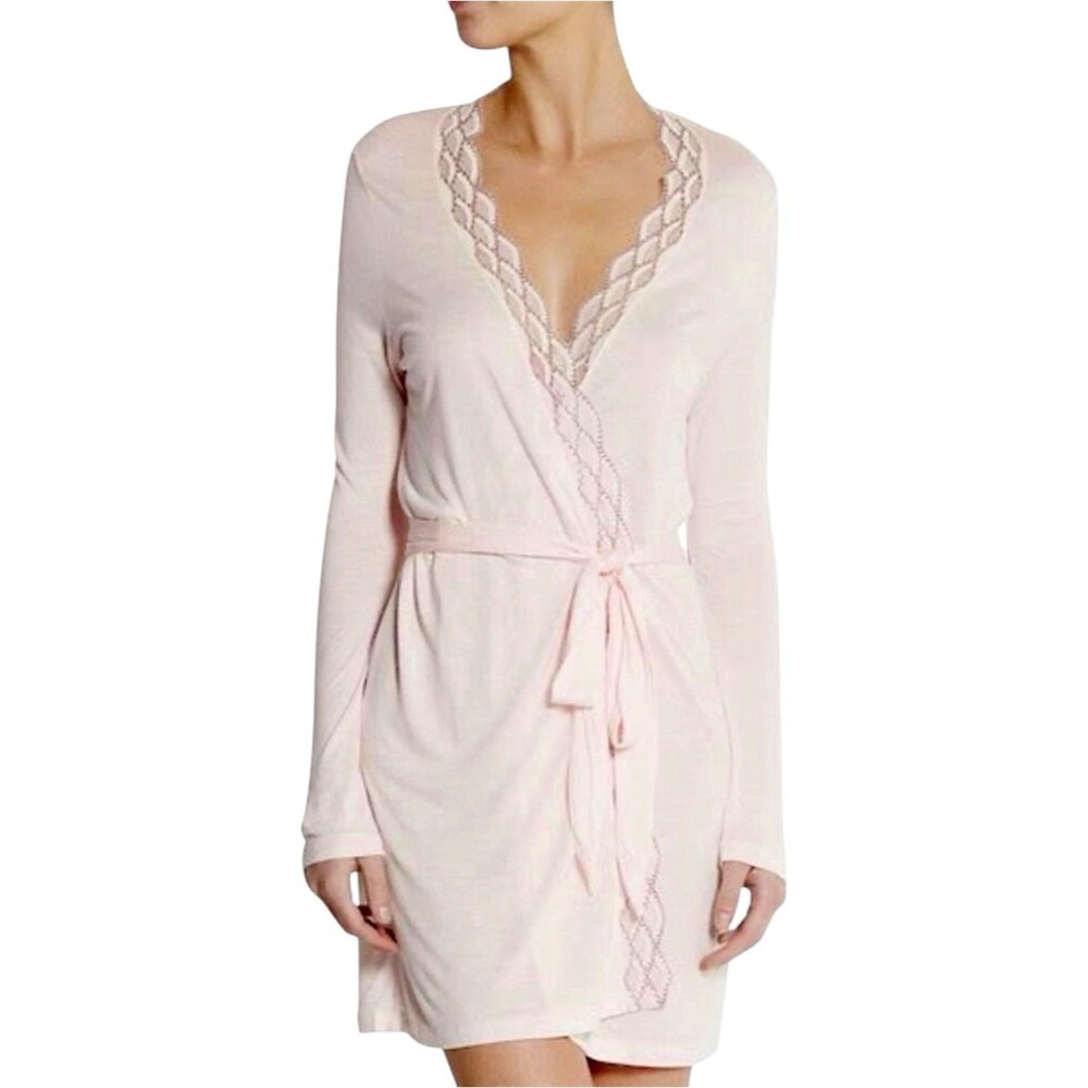 NWT EBERJEY Mabel Wrap Front Jersey Robe with Wide Lace Trim Pink Peach L Large